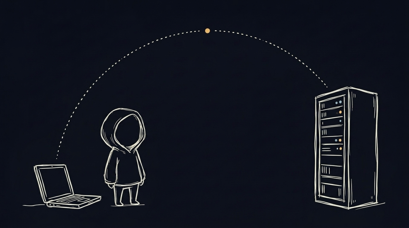 A hand-drawn ink illustration on a dark ground. A small hooded figure with an empty face stands between a sketched laptop on the left and a server cabinet on the right, with a dotted arc rising from the laptop over the figure to the rack.