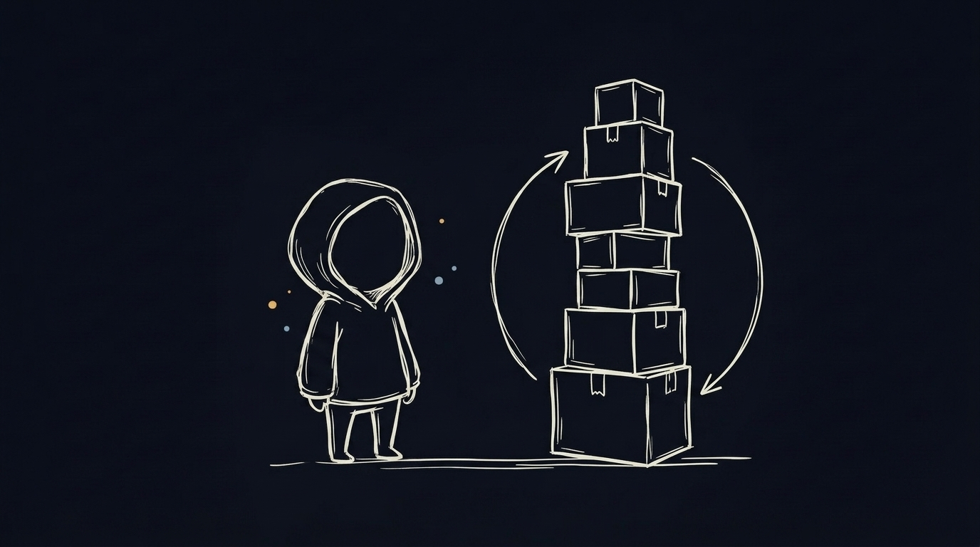 A hand-drawn sketch of a small hooded figure standing beside a tall, unsteady stack of plain boxes, with a thin circular arrow looping around the stack.
