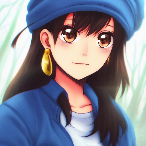 An anime-style portrait of a young woman with long dark hair, large brown eyes, a blue knit beanie and a big gold hoop earring, wearing an open blue jacket over a white top against a soft green background.