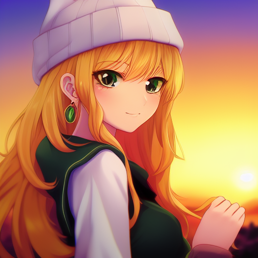 An anime-style portrait of a young woman with long blonde hair and green eyes, in a cream ribbed beanie and a green earring, wearing a dark green jacket over a white top, with a warm sunset behind her.