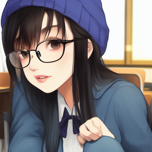 An anime-style portrait of a young woman with black hair, round glasses and a blue knit beanie, in a dark blue jacket and a collared shirt, with a classroom window behind her.