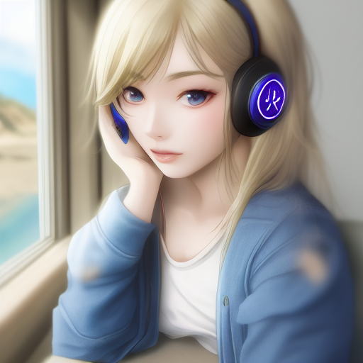 A photorealistic portrait, not in the anime style of the others: a young woman with long ash-blonde hair wearing large purple and blue over-ear headphones, one hand against her cheek, sitting by a window with a blurred seascape outside.