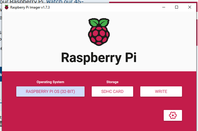 The Raspberry Pi Imager window: version 1.7.3 under the Raspberry Pi logo, Choose OS set to Raspberry Pi OS (32-bit), Choose Storage set to SDHC Card, and a Write button.
