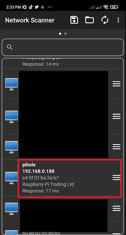 An Android network scanner app showing a list of devices, with one row highlighted: hostname pihole, address 192.168.0.188, MAC e4:5f:01:ba:3a:b7, vendor Raspberry Pi Trading Ltd, response 17 ms.