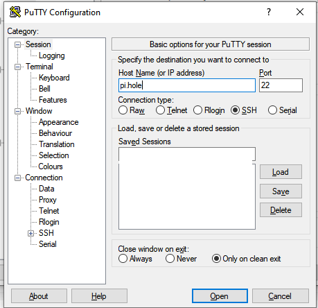 The same PuTTY dialog with Host Name set to pi.hole instead of an address, port 22 and connection type SSH.
