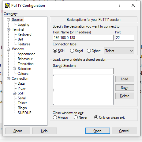 The PuTTY configuration dialog, Session page, with Host Name set to 192.168.0.189, port 22, connection type SSH, and Close window on exit set to Only on clean exit.