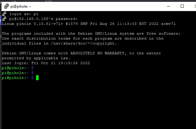 A PuTTY terminal: login as pi, a password prompt, the Raspberry Pi OS banner for Linux pihole 5.15.61-v71+, the last login time, and a pi@pihole:~ $ prompt.