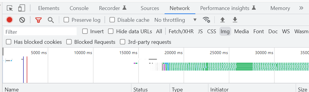 The DevTools network tab: a burst of requests in the first second, then a dense band of item requests continuing past the thirty-second mark.