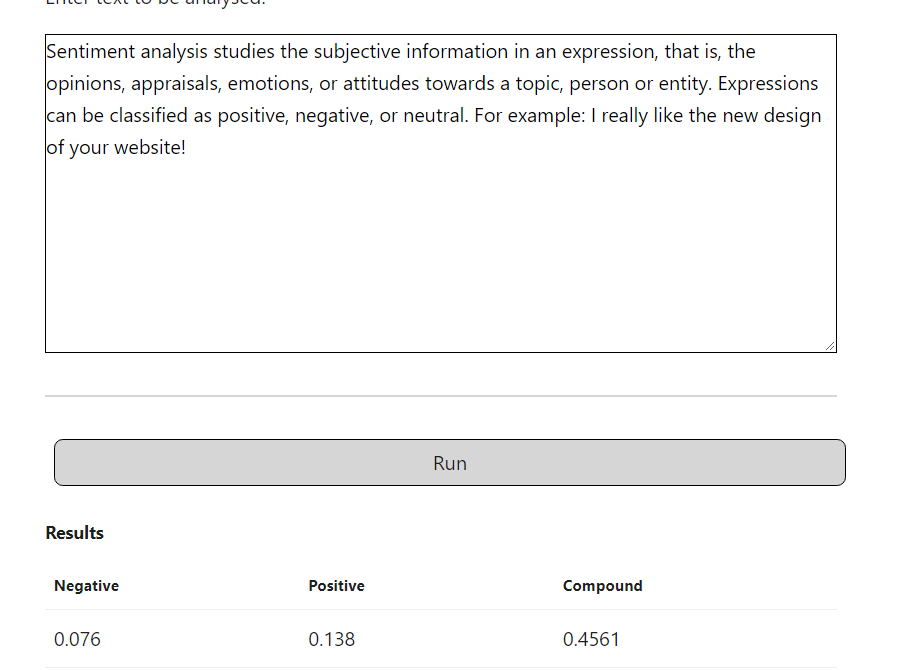 The 2022 version of this demo: the same paragraph in a text area, a Run button, and a results table reading Negative 0.076, Positive 0.138 and Compound 0.4561.